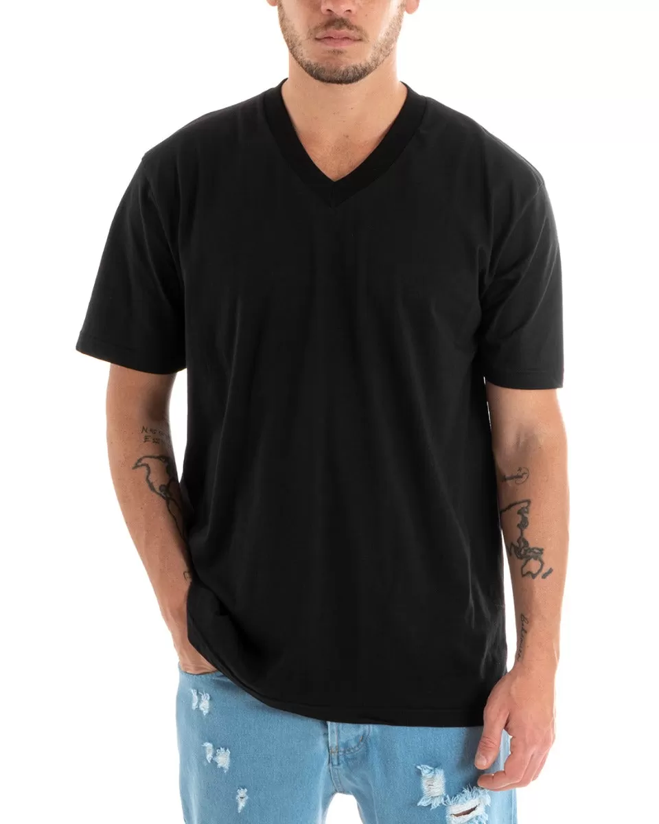 T-shirt Uomo Maglia Tinta Unita Nera Oversize Scollo a V Basic Casual GIOSAL-TS2882A