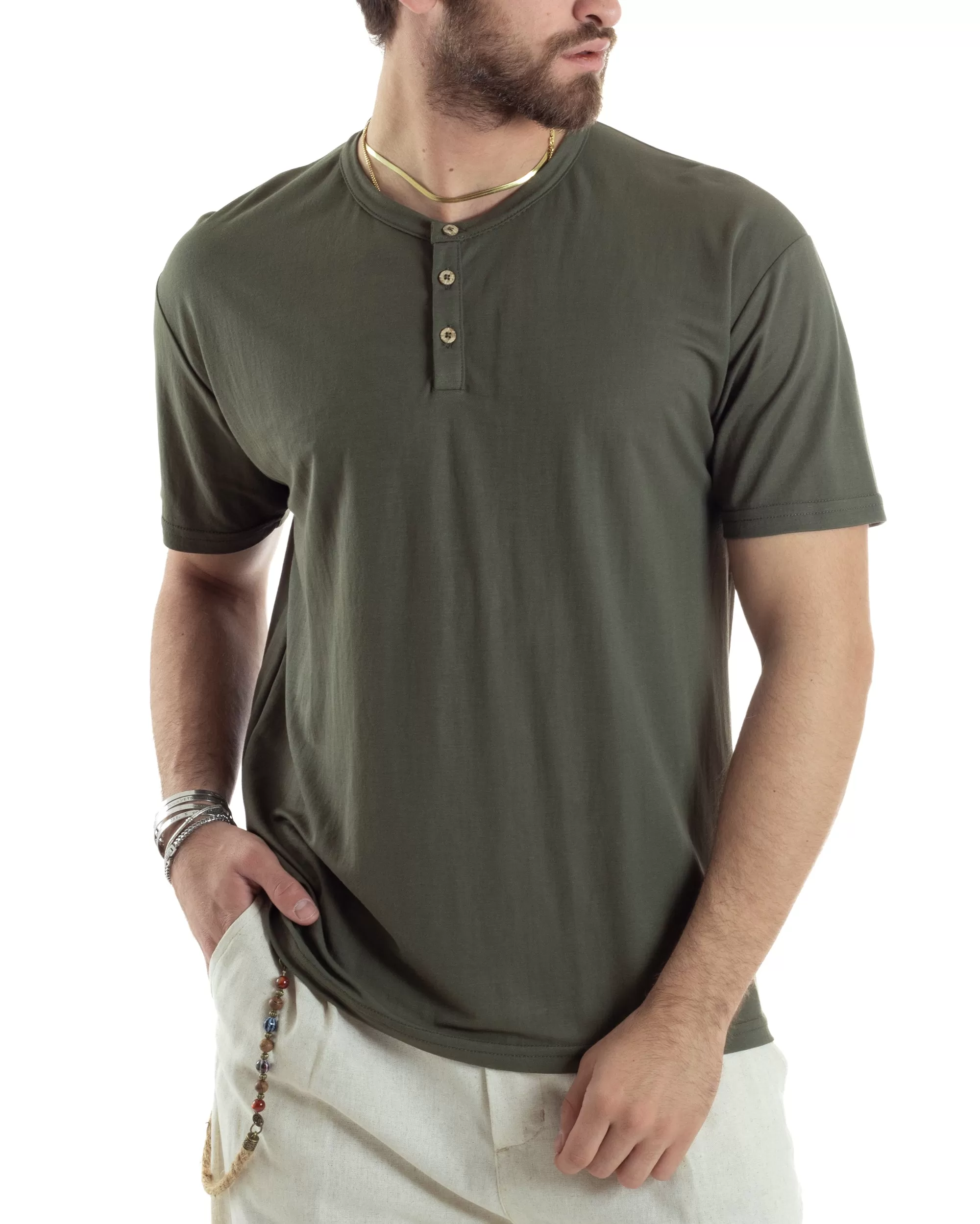 T-shirt Uomo Manica Corta Viscosa Collo Serafino Maglia Con Bottoni Casual Verde GIOSAL-TS3040A