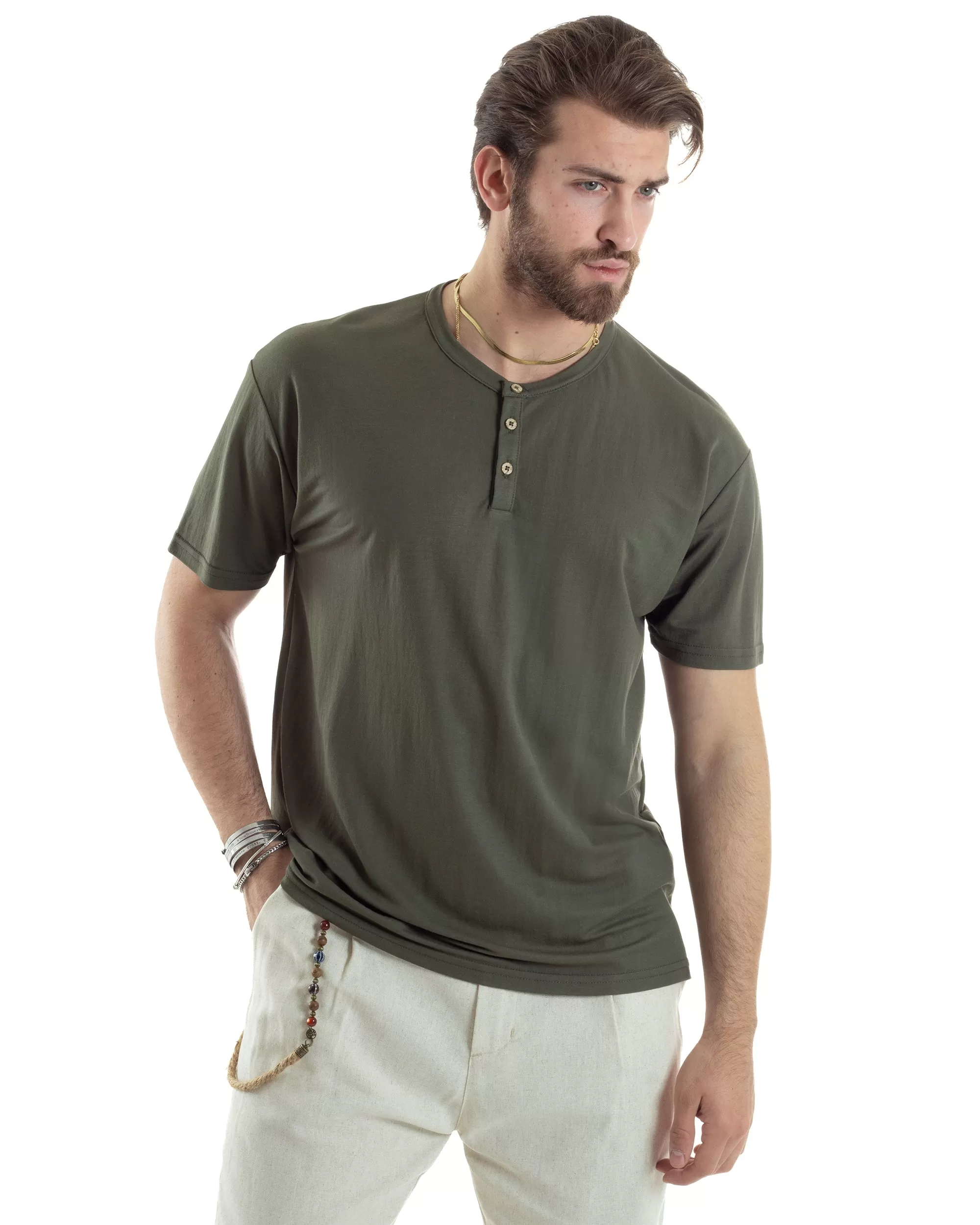 T-shirt Uomo Manica Corta Viscosa Collo Serafino Maglia Con Bottoni Casual Verde GIOSAL-TS3040A