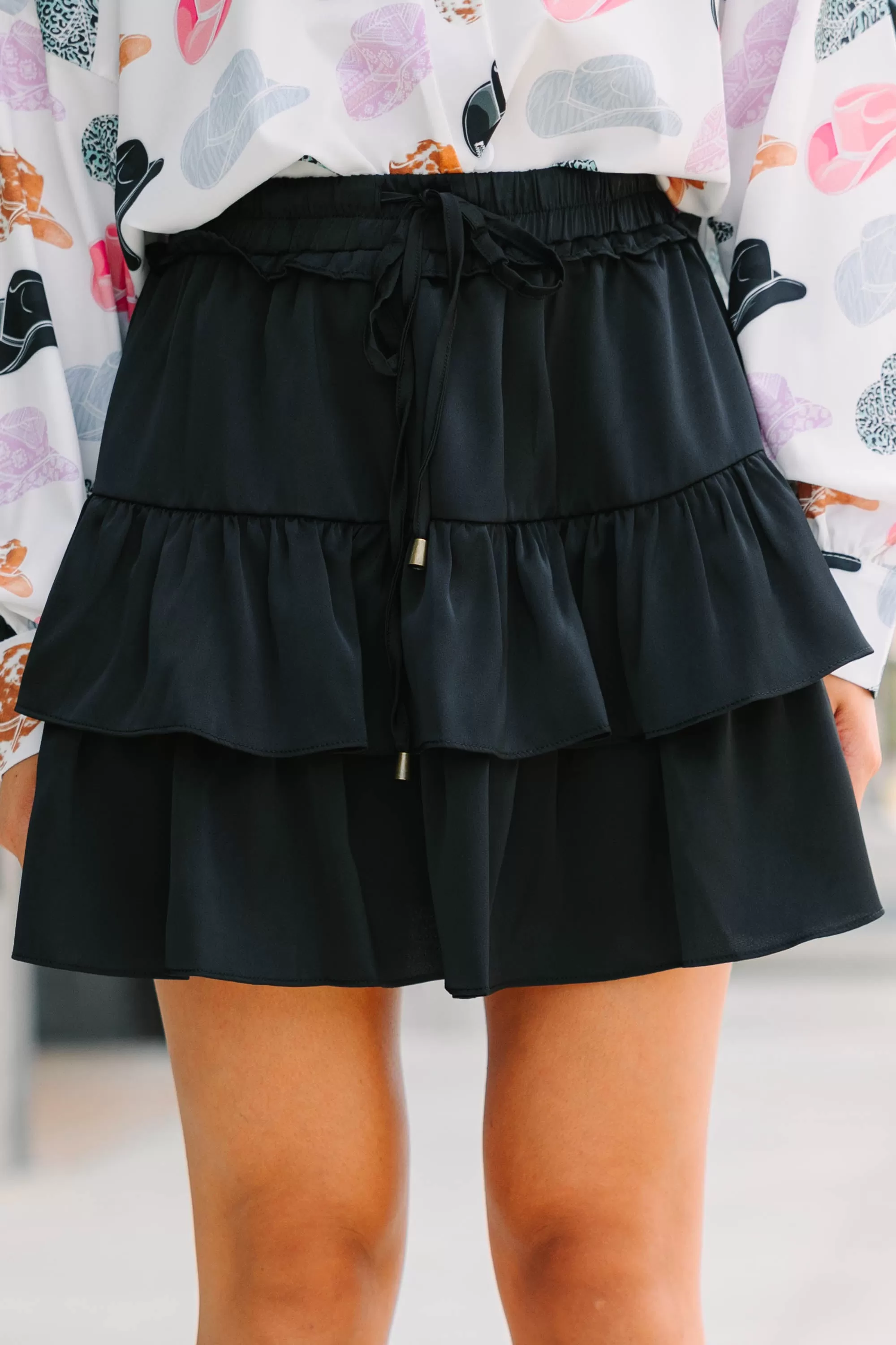 Take The Leap Black Satin Ruffled Skort