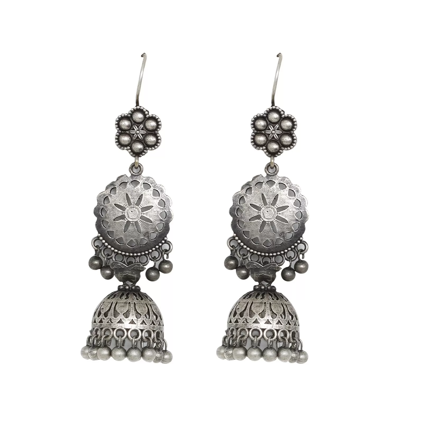 Teejh Anushreya Floral Silver Oxidised Jhumki