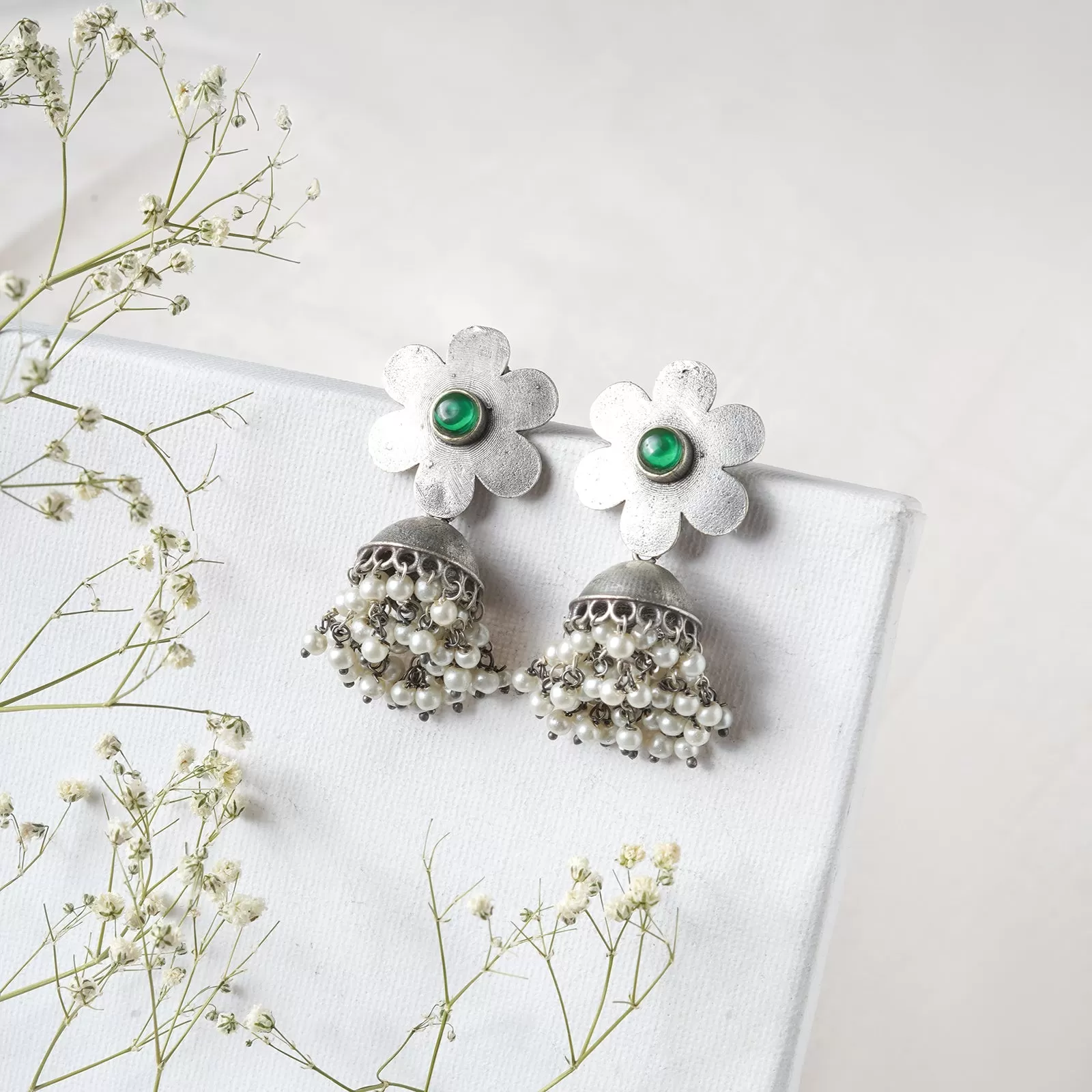 Teejh Anwita Green Stone Silver Oxidised Earrings