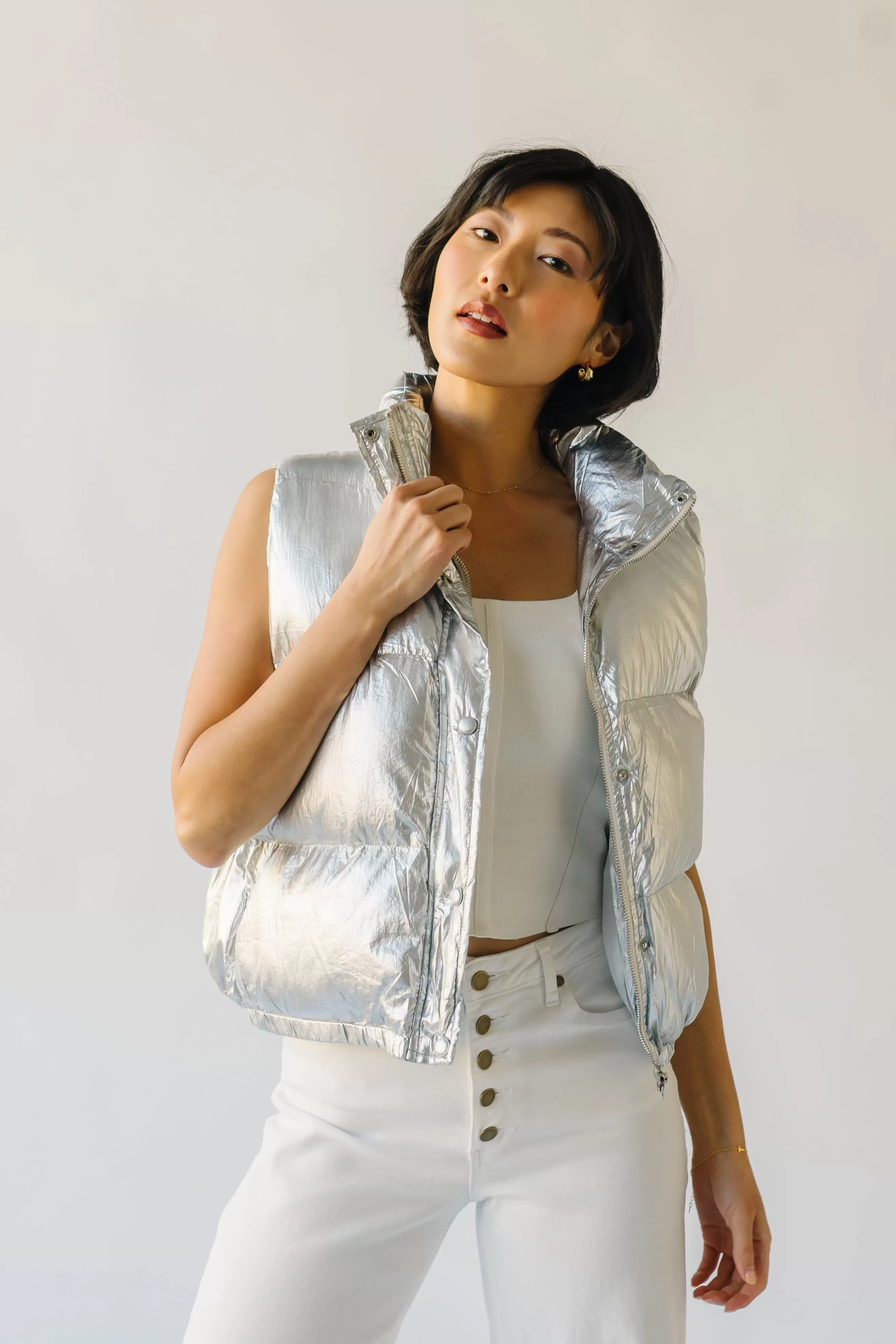 The Galveston Shiny Metallic Puffer Vest in Silver