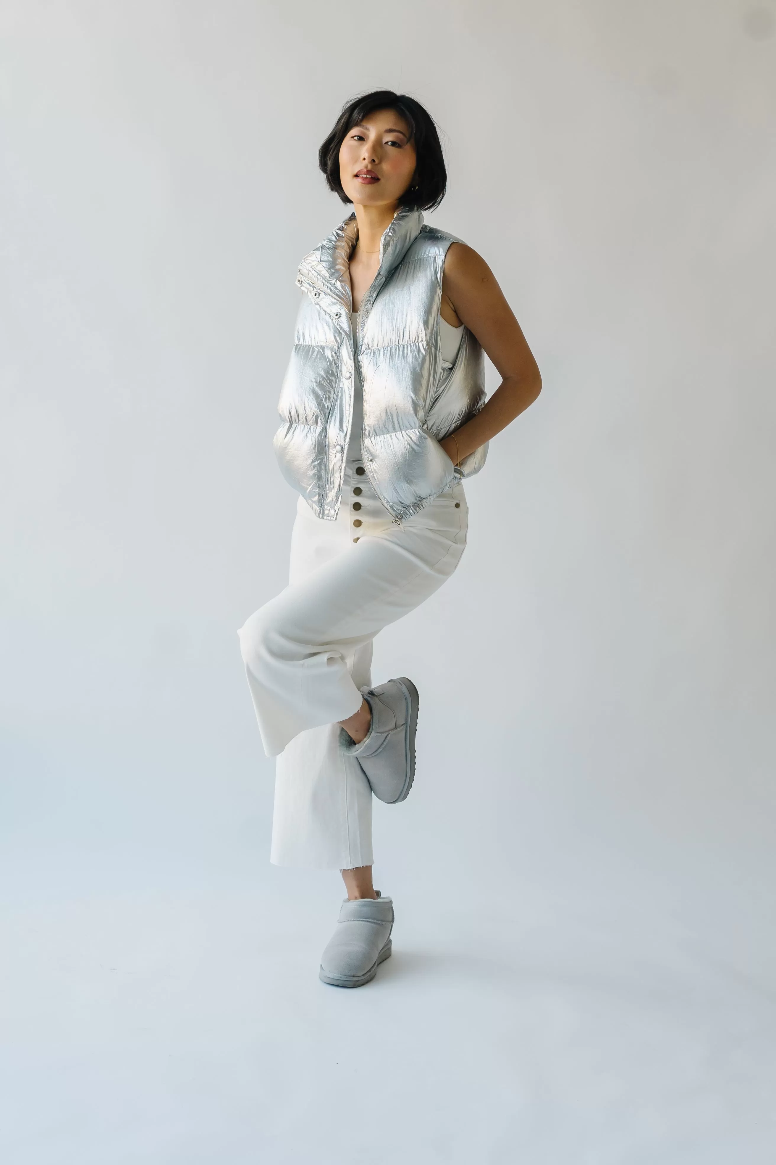 The Galveston Shiny Metallic Puffer Vest in Silver