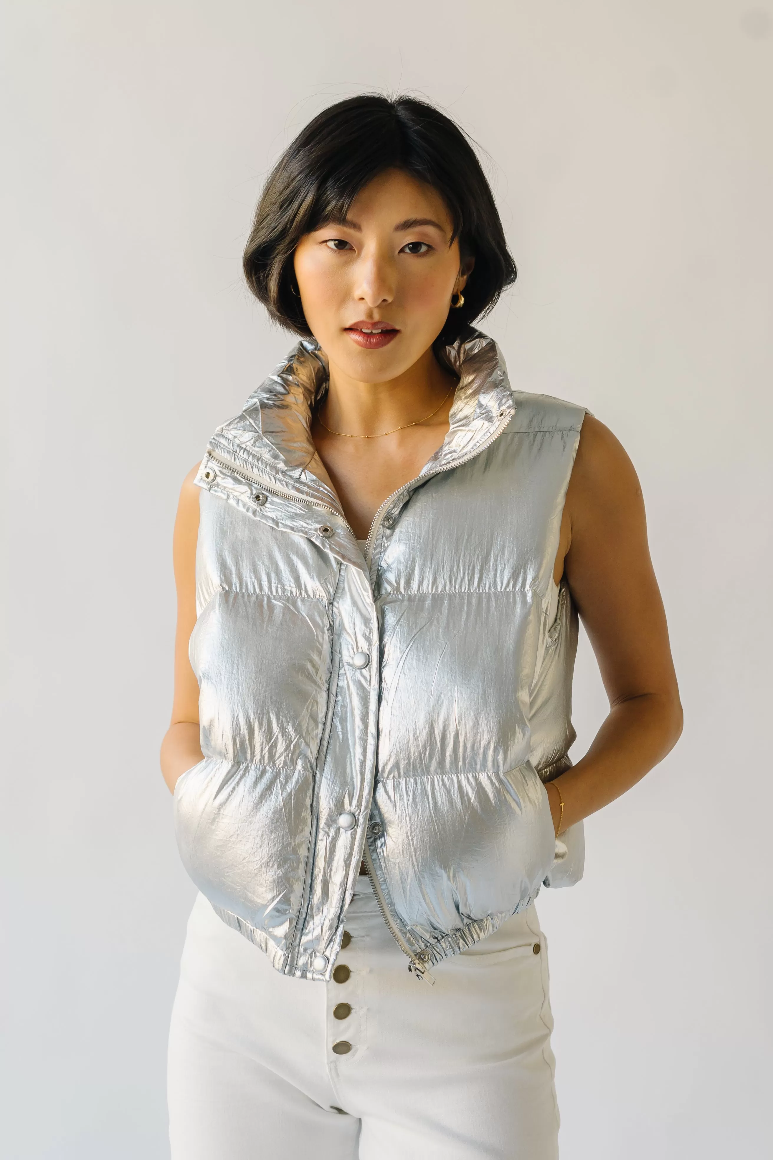 The Galveston Shiny Metallic Puffer Vest in Silver