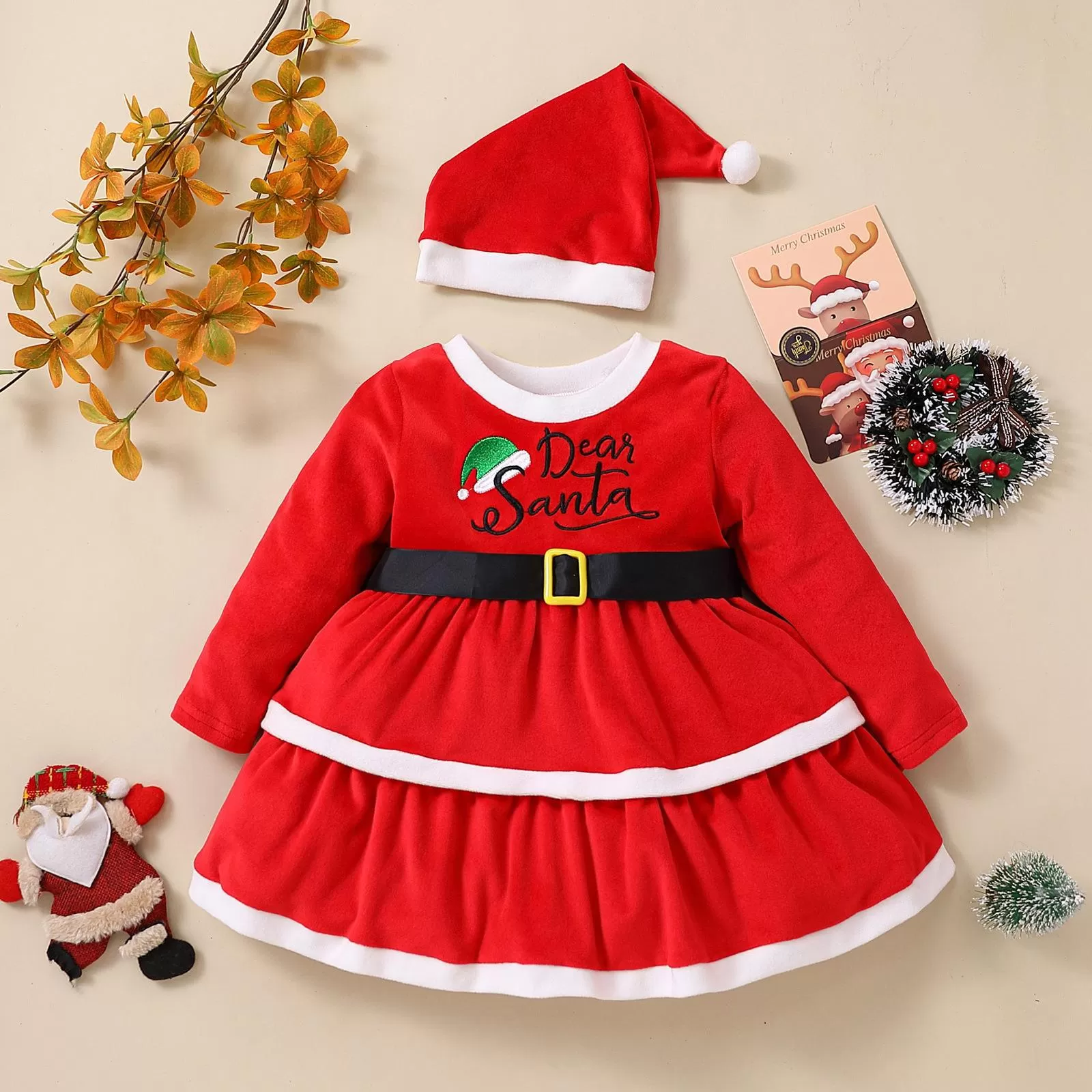 Toddler Girls Solid Color Christmas Print Long Sleeve Suede Princess Dress