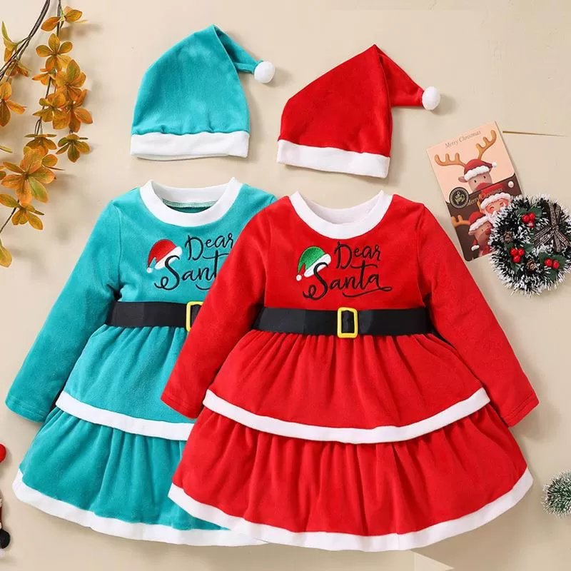 Toddler Girls Solid Color Christmas Print Long Sleeve Suede Princess Dress