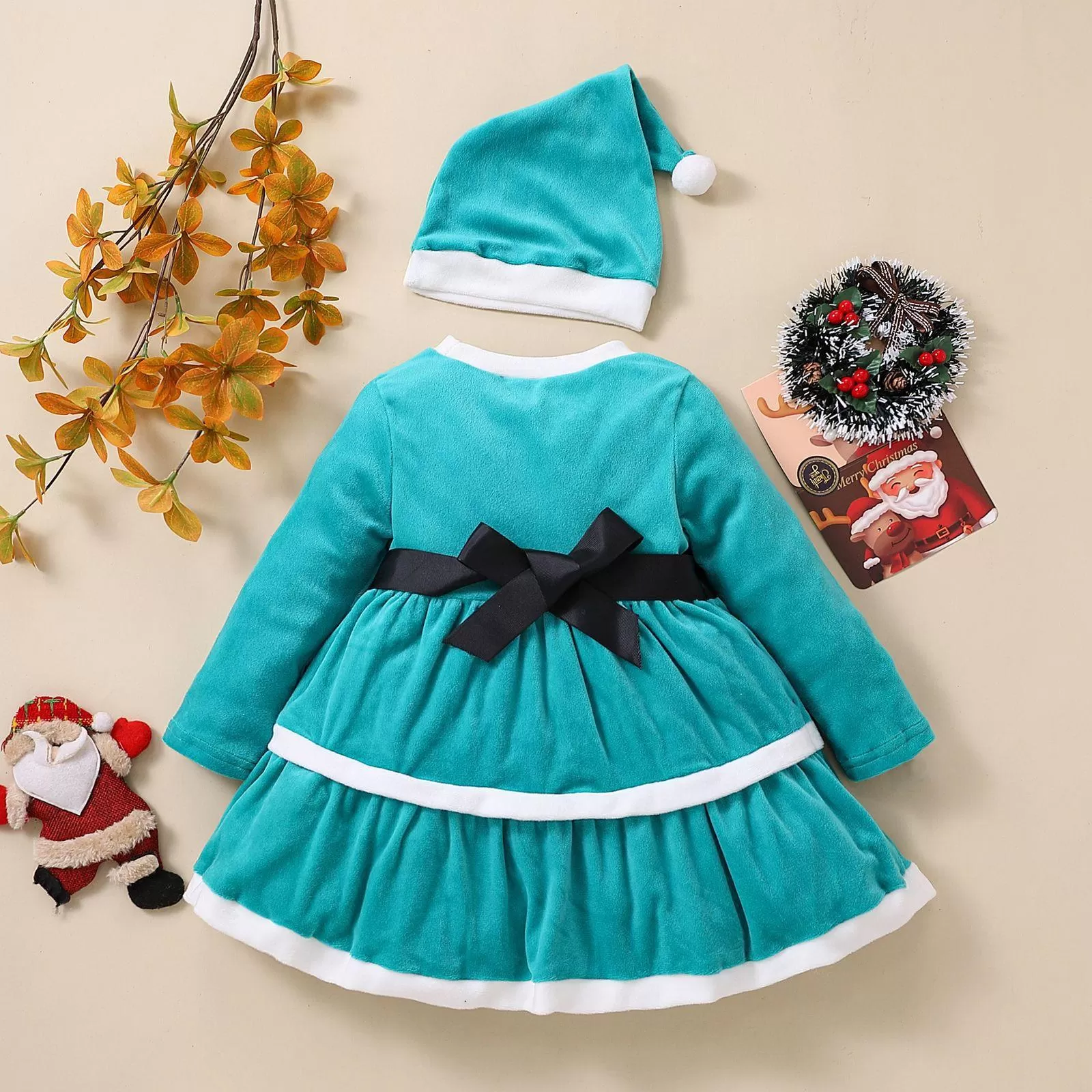 Toddler Girls Solid Color Christmas Print Long Sleeve Suede Princess Dress