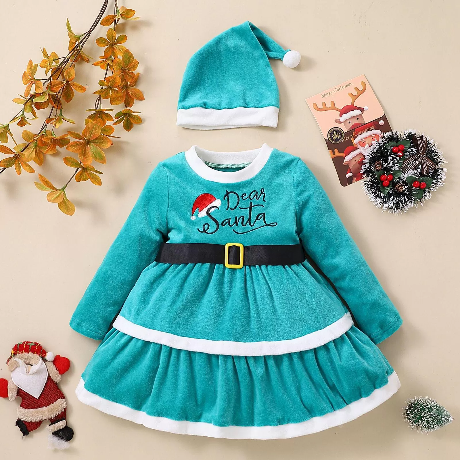 Toddler Girls Solid Color Christmas Print Long Sleeve Suede Princess Dress