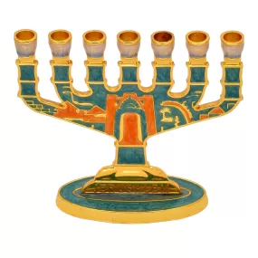 Turquoise Jerusalem Israel 7 Branch Menorah Judaica Enamel Gold Plated Gift Temple Sanctuary Judaica