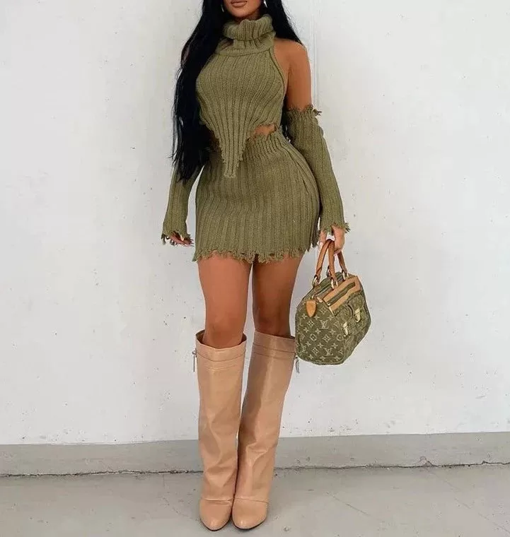 Unconventional Sweater Sets Women's Sets Long Sleeve Sexy Knitted Top  Skirt Set 3 piece sets