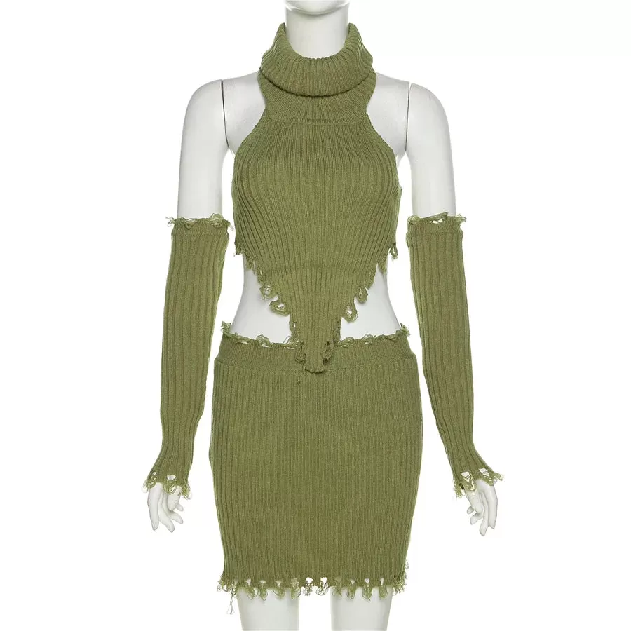 Unconventional Sweater Sets Women's Sets Long Sleeve Sexy Knitted Top  Skirt Set 3 piece sets