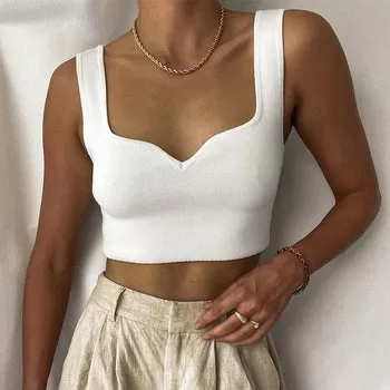 V Neck Summer White Crop Top Women Casual Backless Sleeveless Basic T