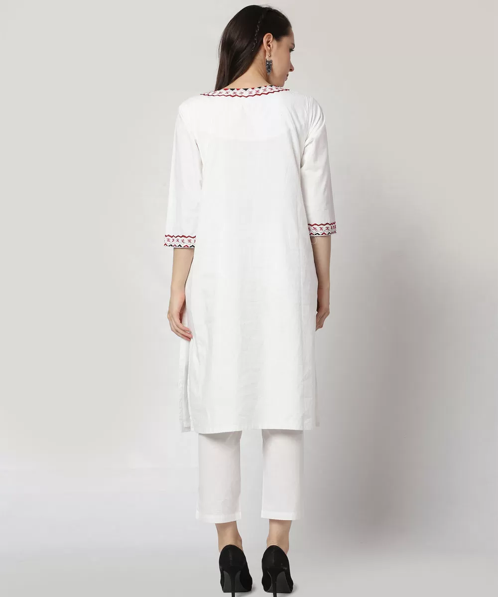 White cotton hand embroidered 3/4 sleeve kurta set