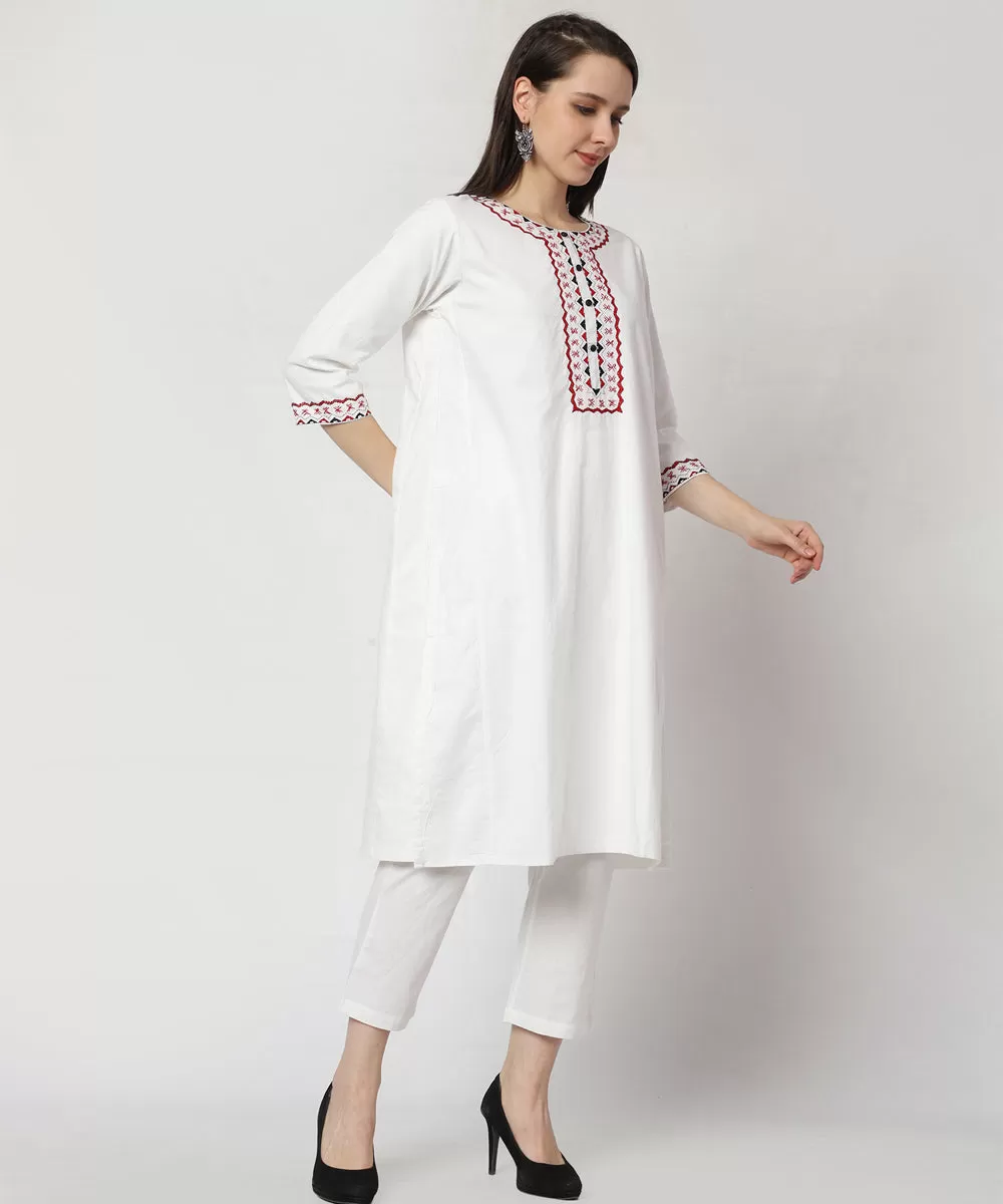 White cotton hand embroidered 3/4 sleeve kurta set