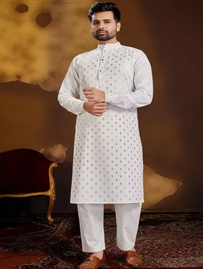 White Designer Gold Butti Cotton Men Kurta Pajama