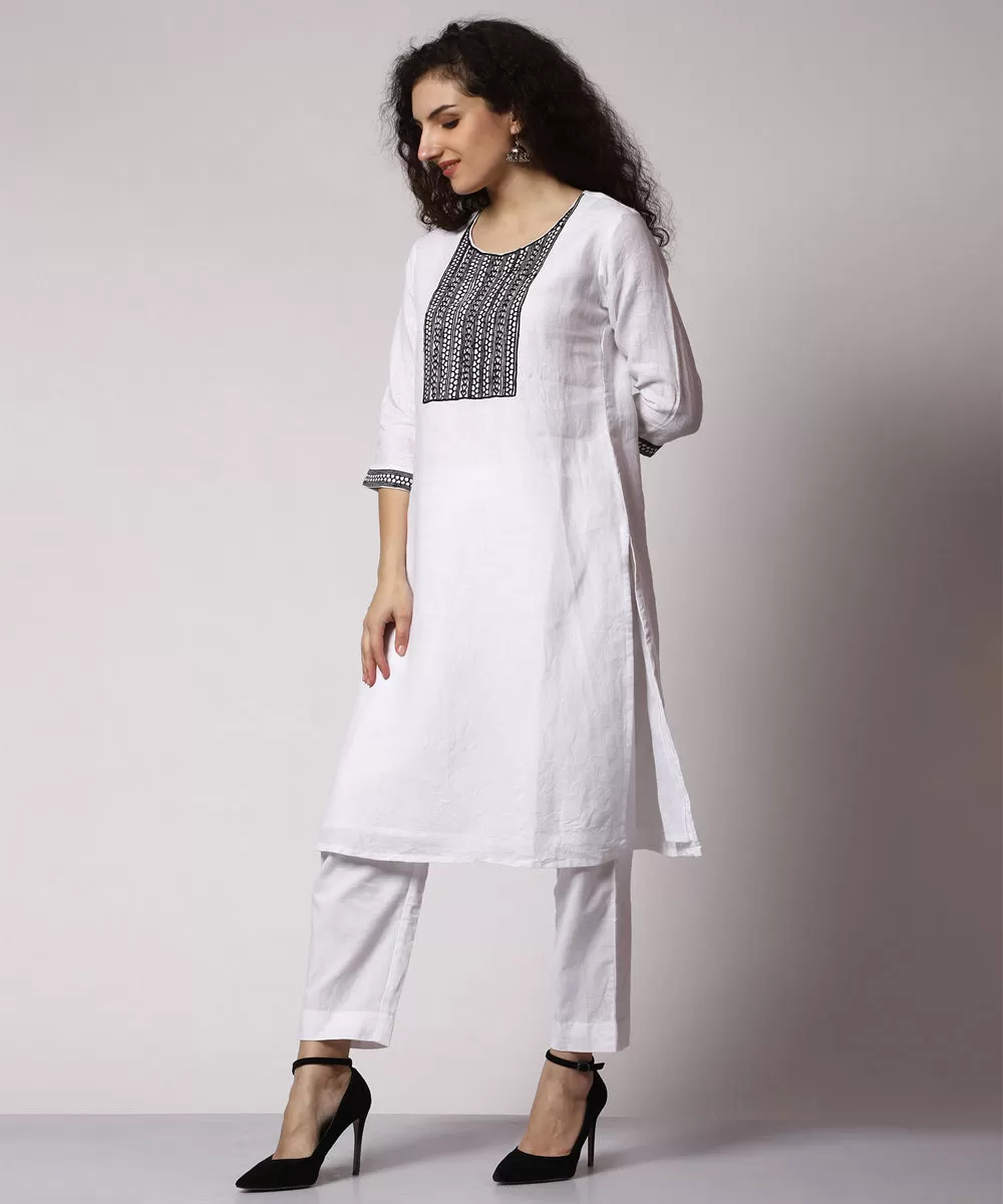 White hand embroidered 3/4 sleeve cotton kurta set