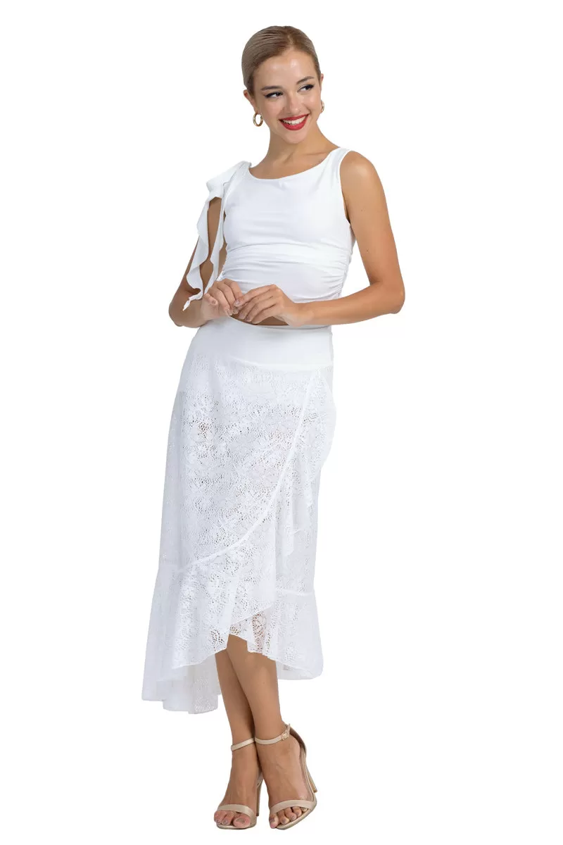 White Lace Asymmetric Wrap Skirt With Ruffles