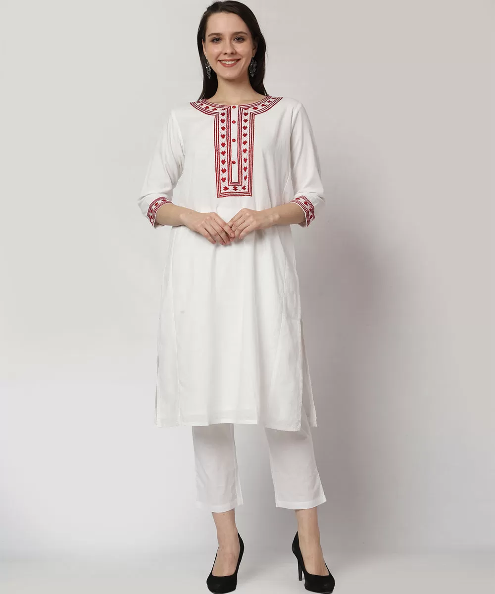 White red cotton hand embroidered kurta set