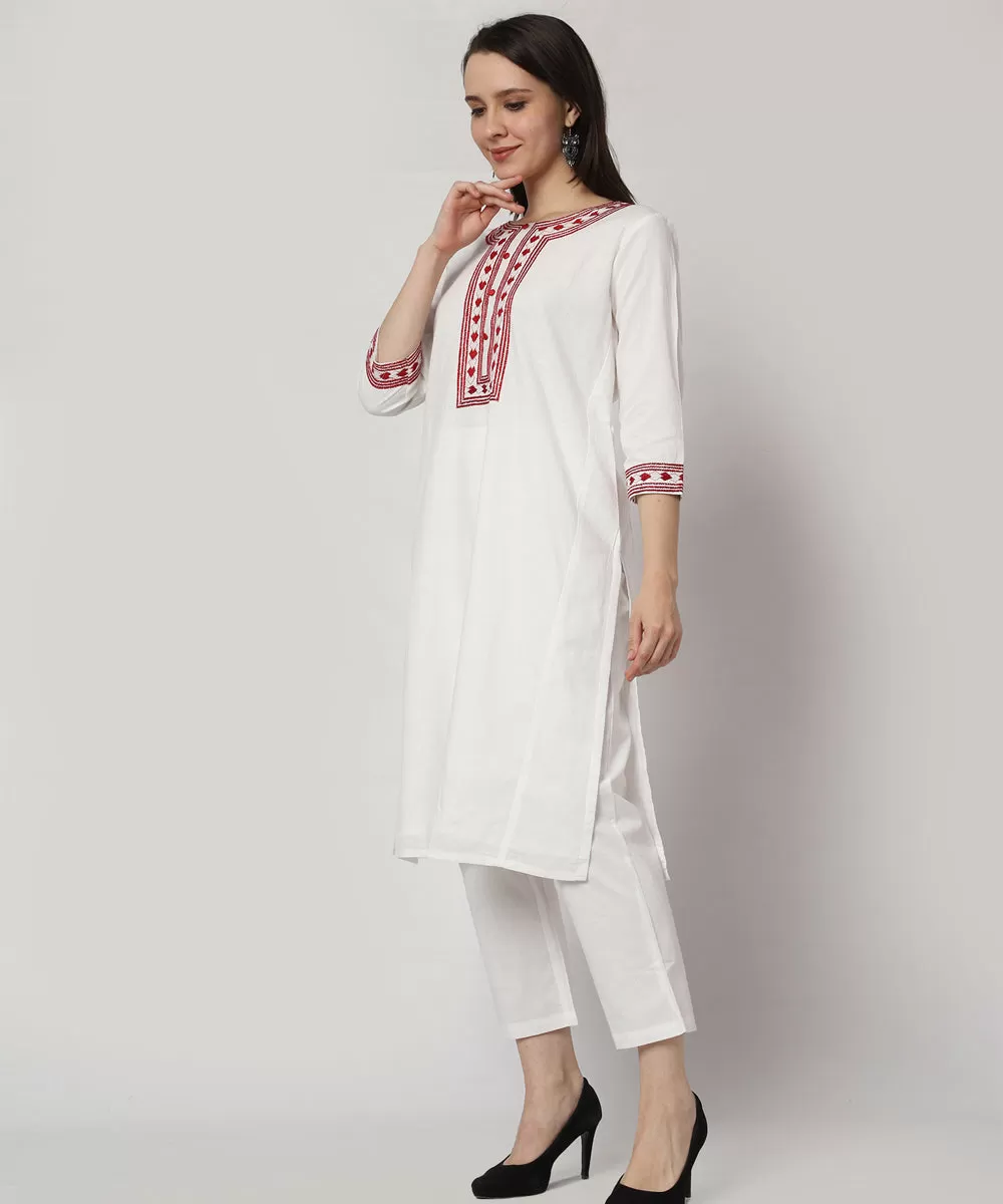 White red cotton hand embroidered kurta set