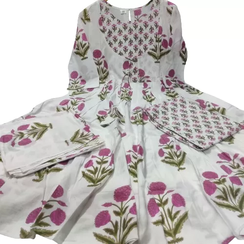 White With Pink Floral Print Cotton Salwar Suit Set