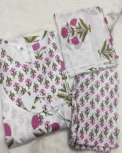 White With Pink Floral Print Cotton Salwar Suit Set