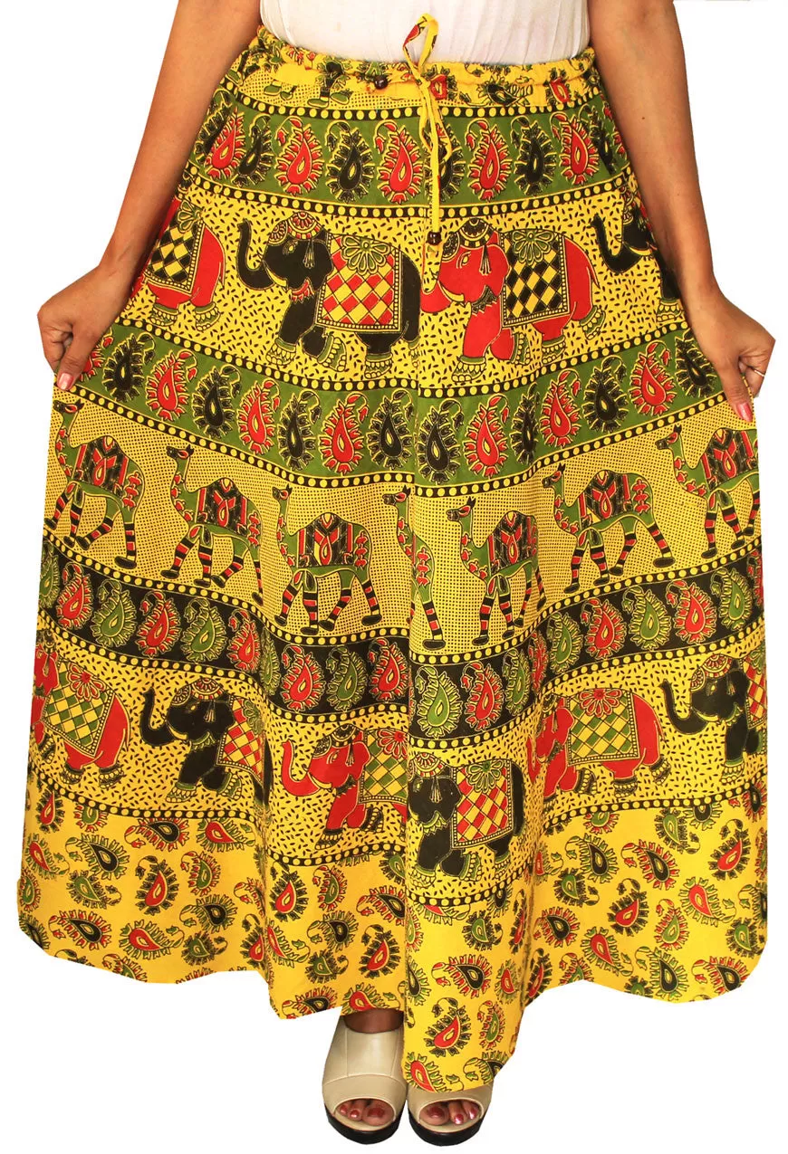 Women Printed Cotton Long Skirt India Clothes (Yellow)