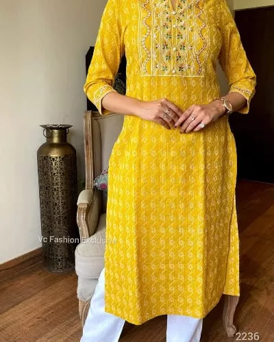 Women Yellow Embroidered Cotton Kurti