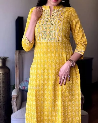 Women Yellow Embroidered Cotton Kurti