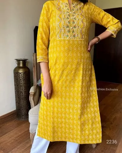 Women Yellow Embroidered Cotton Kurti