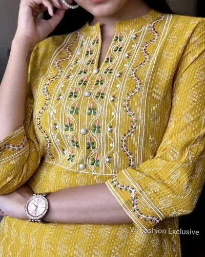 Women Yellow Embroidered Cotton Kurti