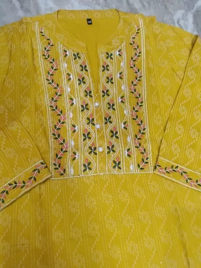 Women Yellow Embroidered Cotton Kurti