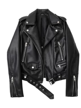 Womens Autumn 2023 PU leather Motorcycle jacket with belt