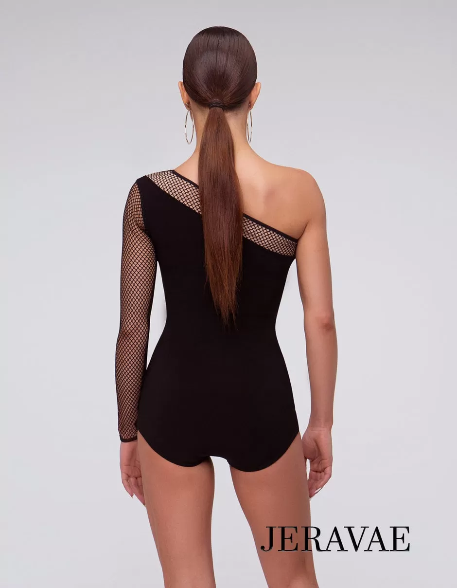 Women's Black Bodysuit with Angled Neckline and One Fishnet Sleeve PRA 305_sale