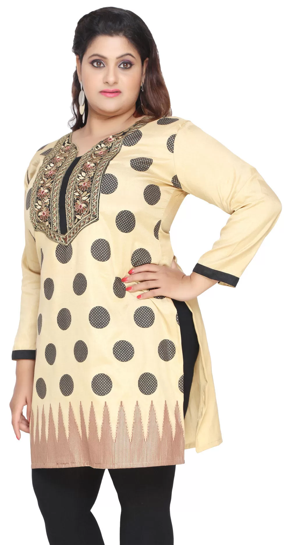 Womens Indian Tunics Kurti Long Top Embroidered Plus Size (Almond)