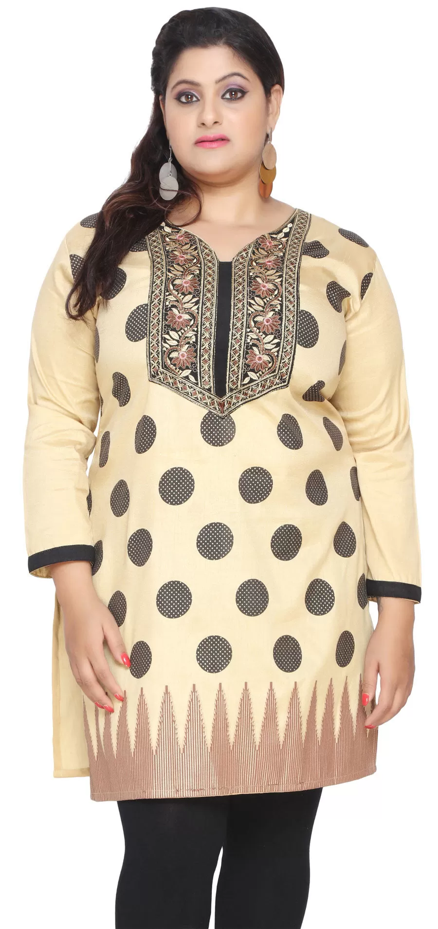 Womens Indian Tunics Kurti Long Top Embroidered Plus Size (Almond)