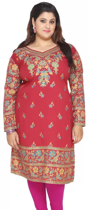 Womens Indian Tunics Kurti Long Top Plus Size Apparel (Red)