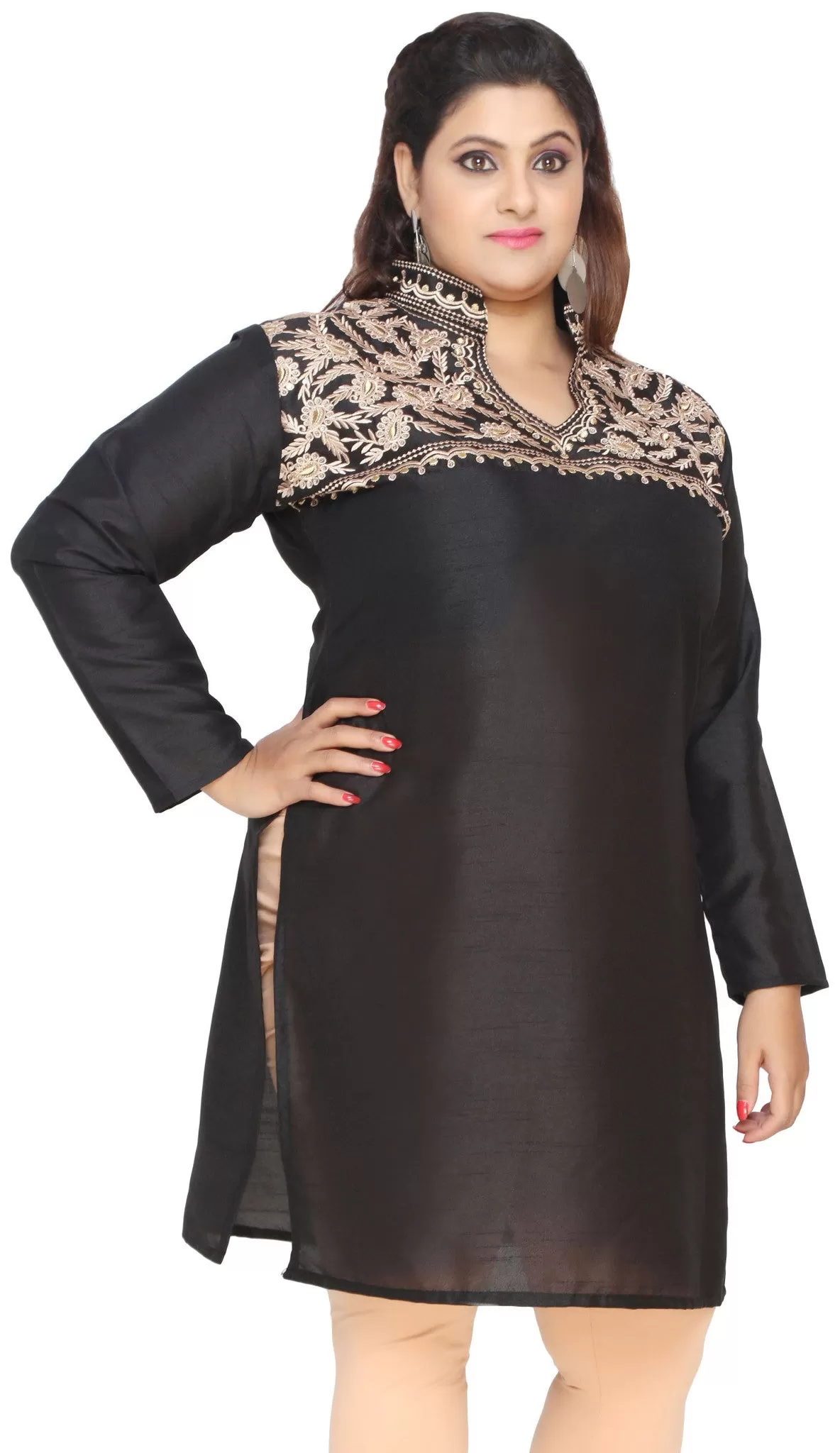 Women's Poly Silk Indian Tunics Kurti Long Top Embroidered Plus Size (Black)