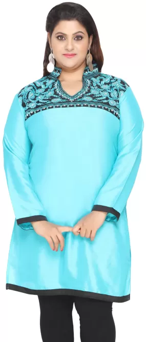 Women's Poly Silk Indian Tunics Kurti Long Top Plus Size (Turquoise)