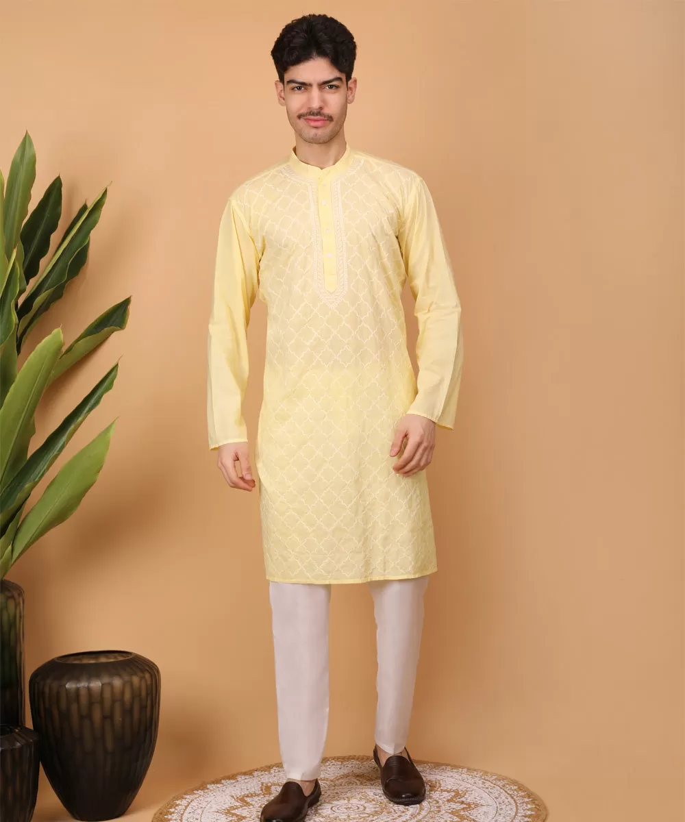 Yellow hand embroidery chikankari cotton kurta