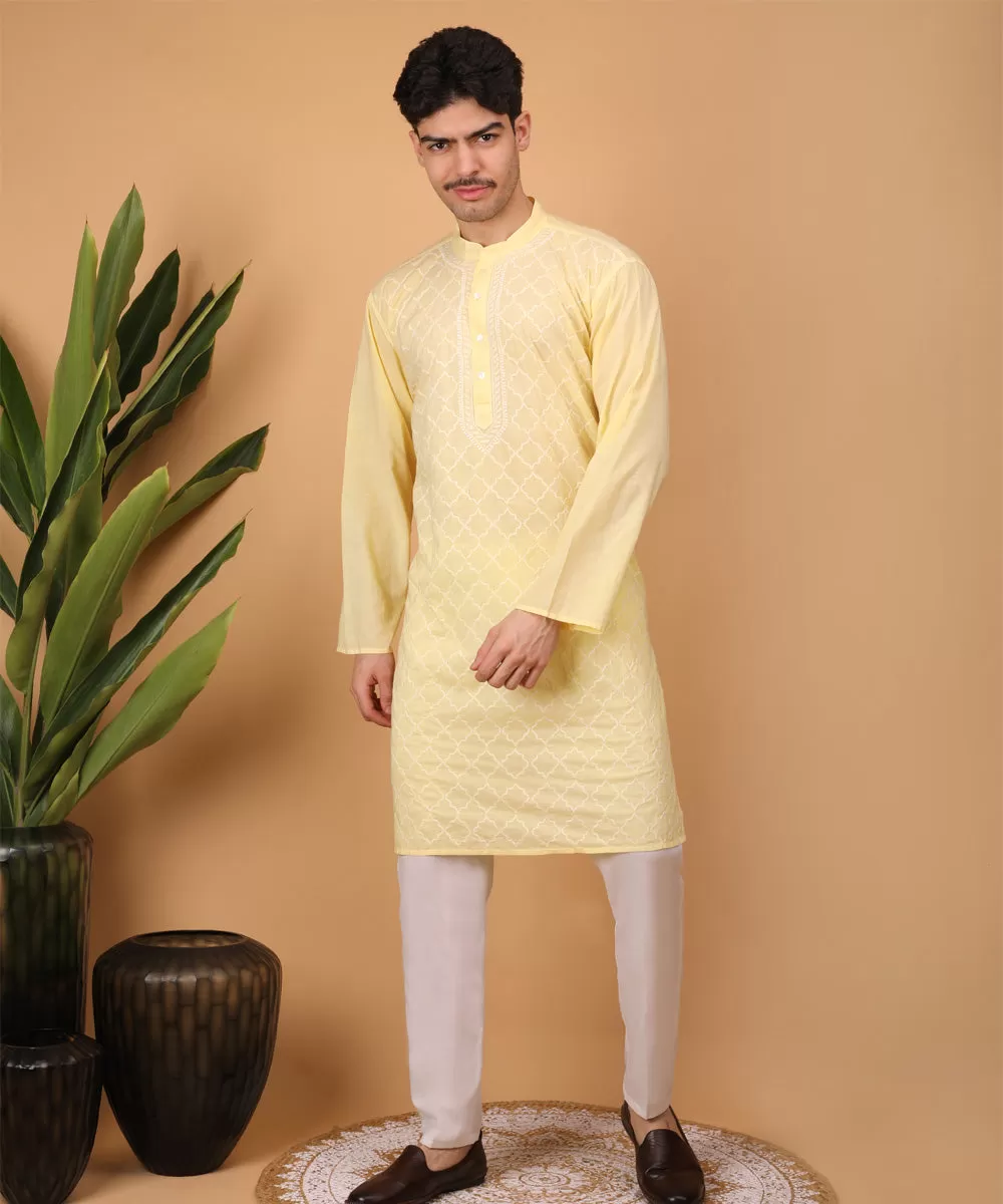 Yellow hand embroidery chikankari cotton kurta