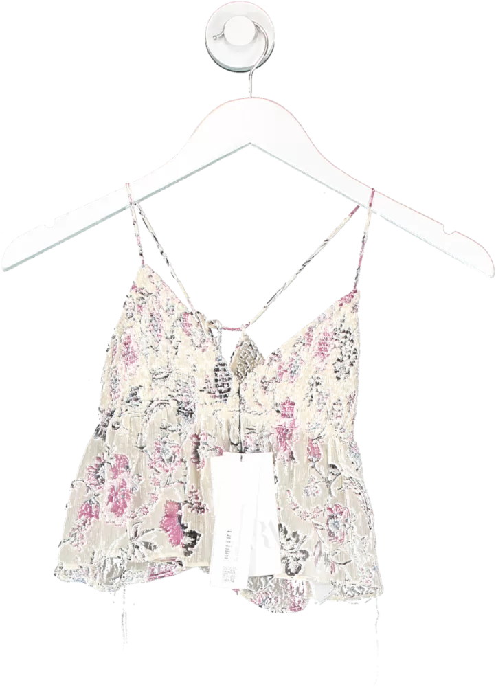 ZARA Beige Sheer Floral Crop Top UK XS